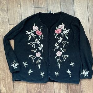Grannycore cotton blend black cardigan with floral embroidery